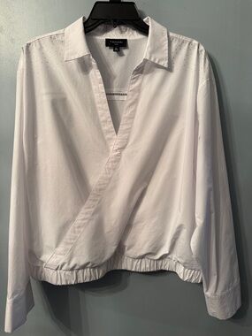 Tahari White Draped Crossover Collared Button-Down Blouse